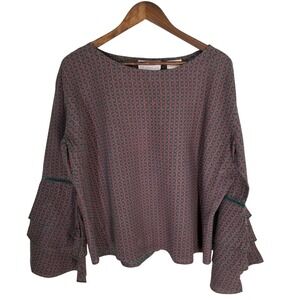 Panhandle Women XL Teal Pink Geometric Tiered Bell Sleeve Rayon Blouse Boho